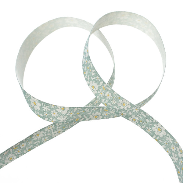 Baumwollband mit Blümchen in weiß auf grün Breite 15mm