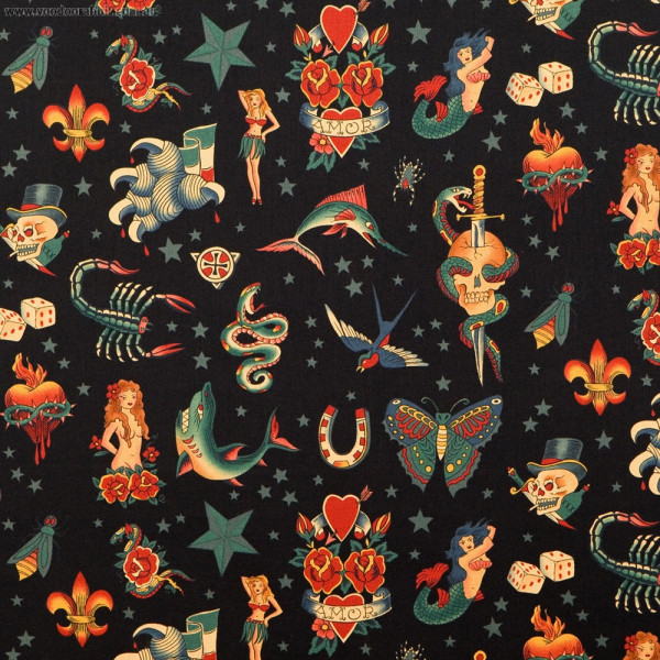 Baumwollstoff Tattoo Print Dark Webware